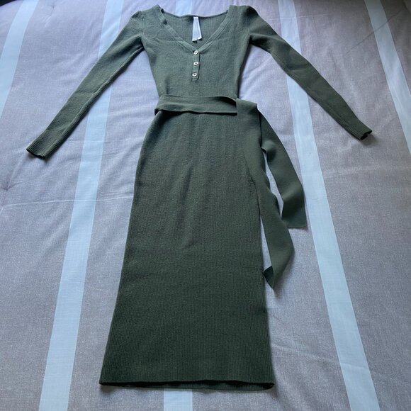 The Group Babaton Olive Green Ribbed Knit Midi Dress with Belted Waist Sz XXS - Picture 2 of 9
